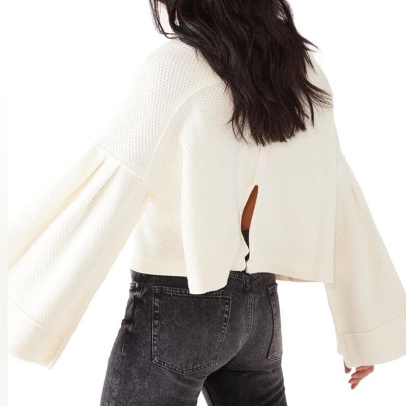 Free people with a free cream waffle knit top with split back - Picture 2 of 13